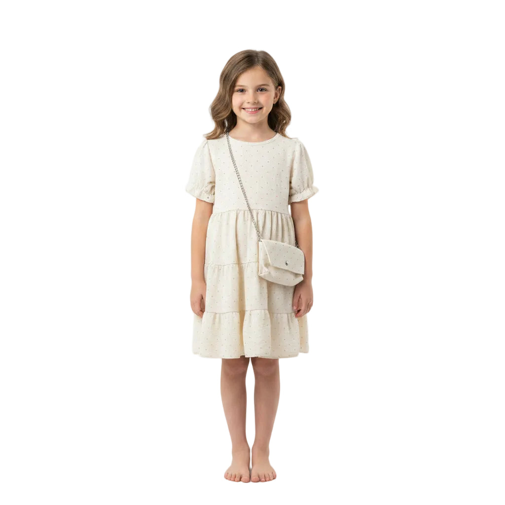 Textured Puff Sleeve Dress with Mini Chain Bag