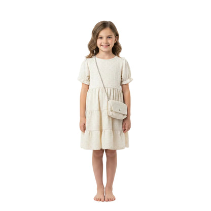 Textured Puff Sleeve Dress with Mini Chain Bag