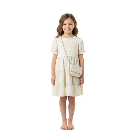 Textured Puff Sleeve Dress with Mini Chain Bag | Elegant Party Dress