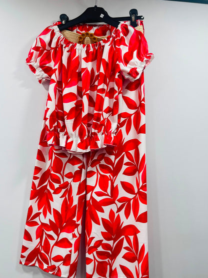 Tropical Leaf Print Crop Top and Wide-Leg Pants Set