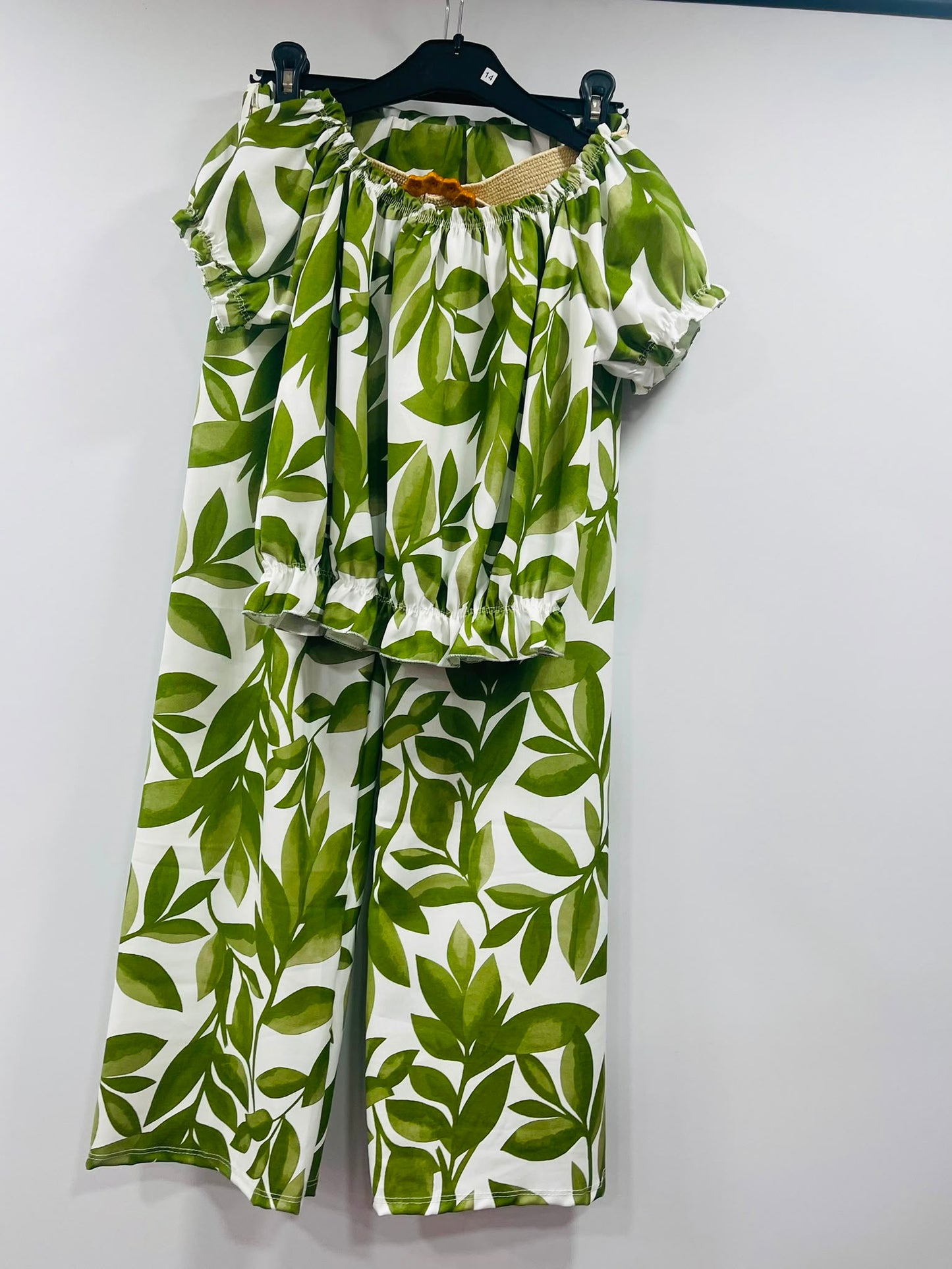 Tropical Leaf Print Crop Top and Wide-Leg Pants Set