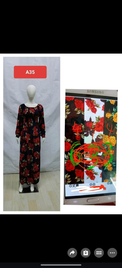 Casual Smocked Long Sleeve Dress with Botanical Print