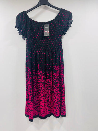 Casual Smocked Midi Dress with Mixed Polka Dot and Botanical Patterns