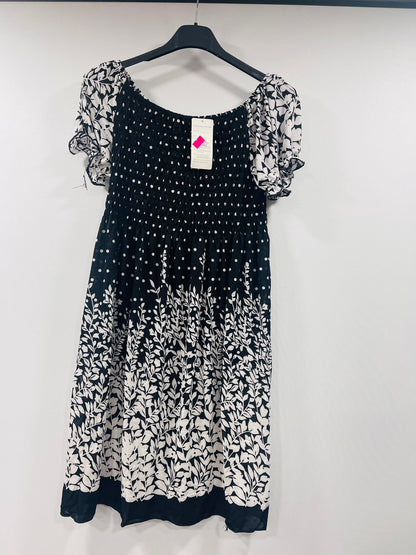 Casual Smocked Midi Dress with Mixed Polka Dot and Botanical Patterns