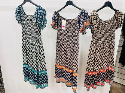 Polka Dot Smocked Bodice Dress with Border Print