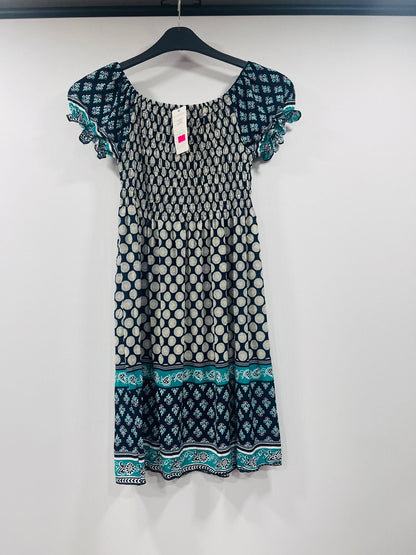 Polka Dot Smocked Bodice Dress with Border Print