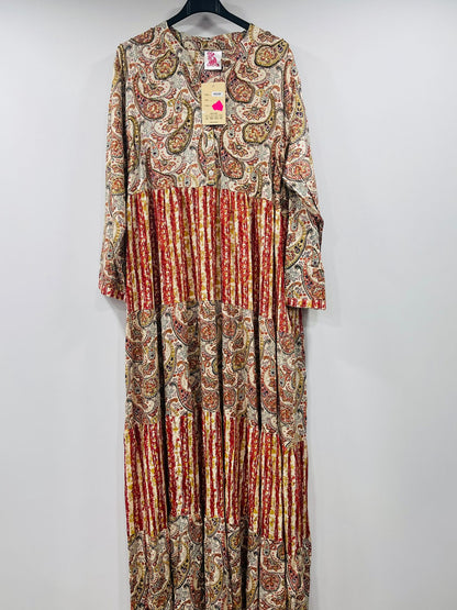 Casual Printed V-Neck Maxi Dresses with Striped Panels