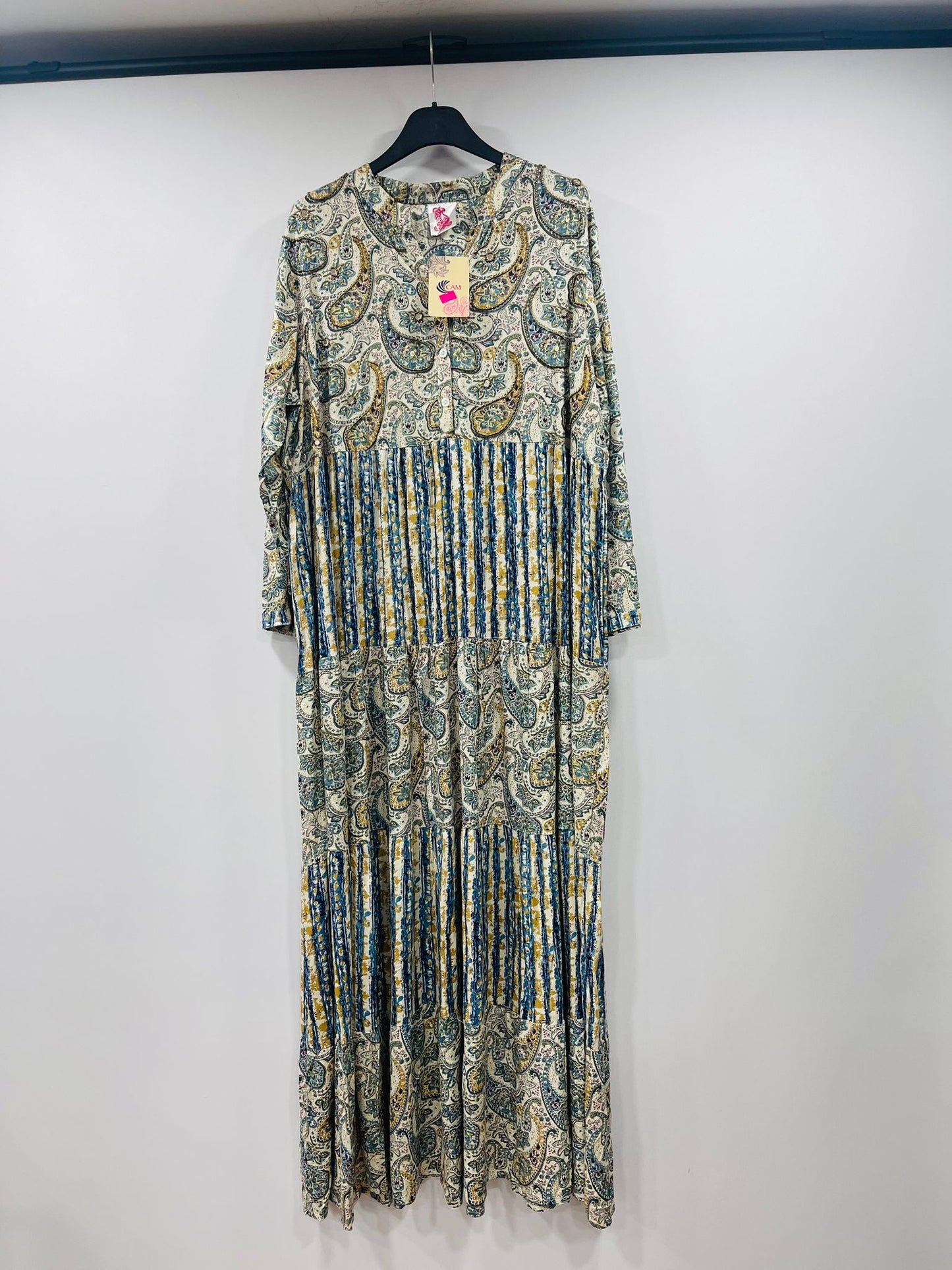 Casual Printed V-Neck Maxi Dresses with Striped Panels