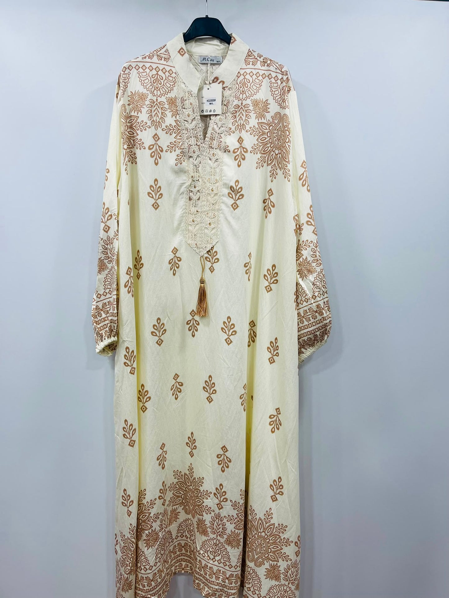 Boho Paisley Motif Long-Sleeve Kaftan Gown