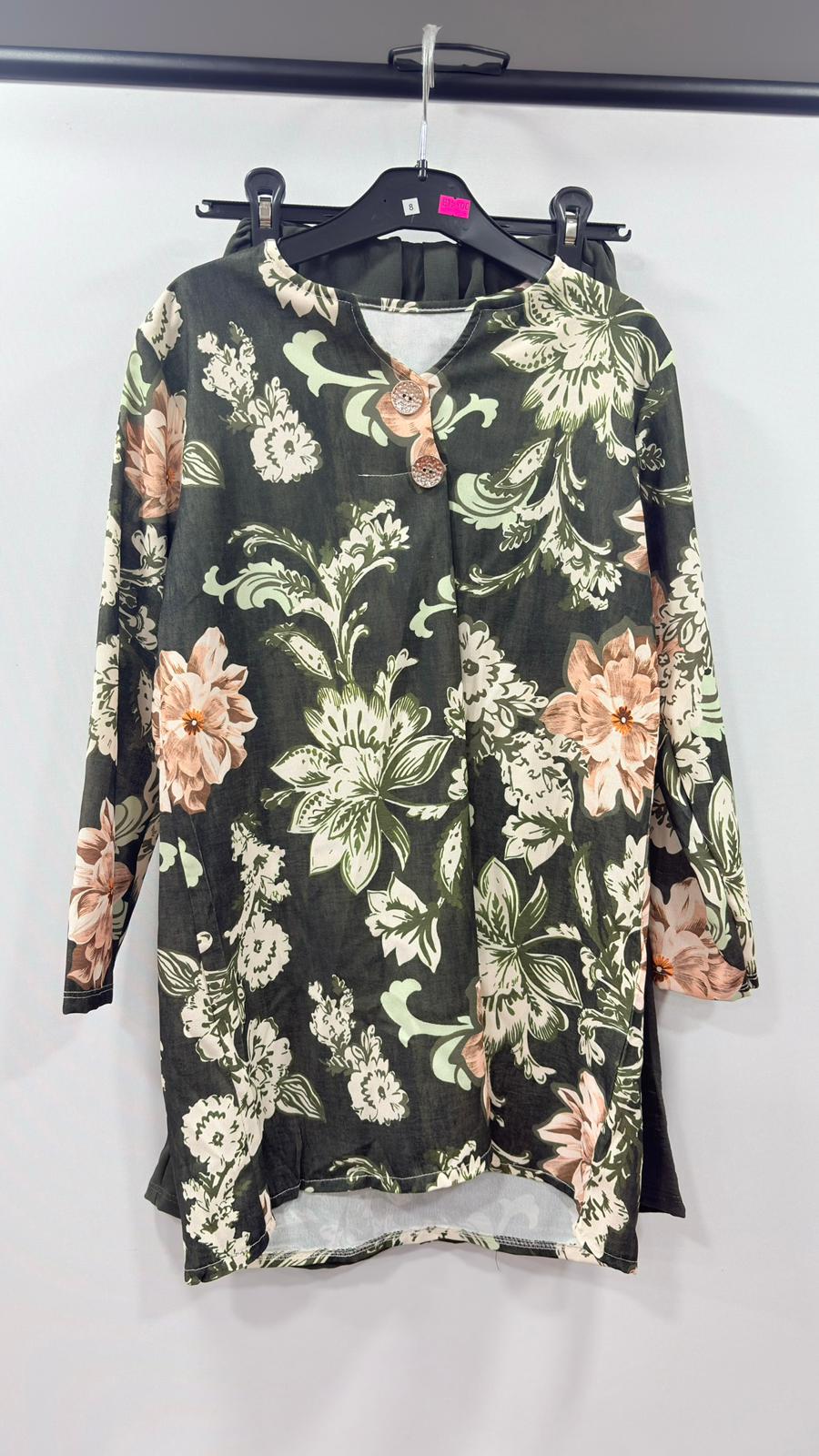 Casual Floral Patterned Blouse and Trousers Combo