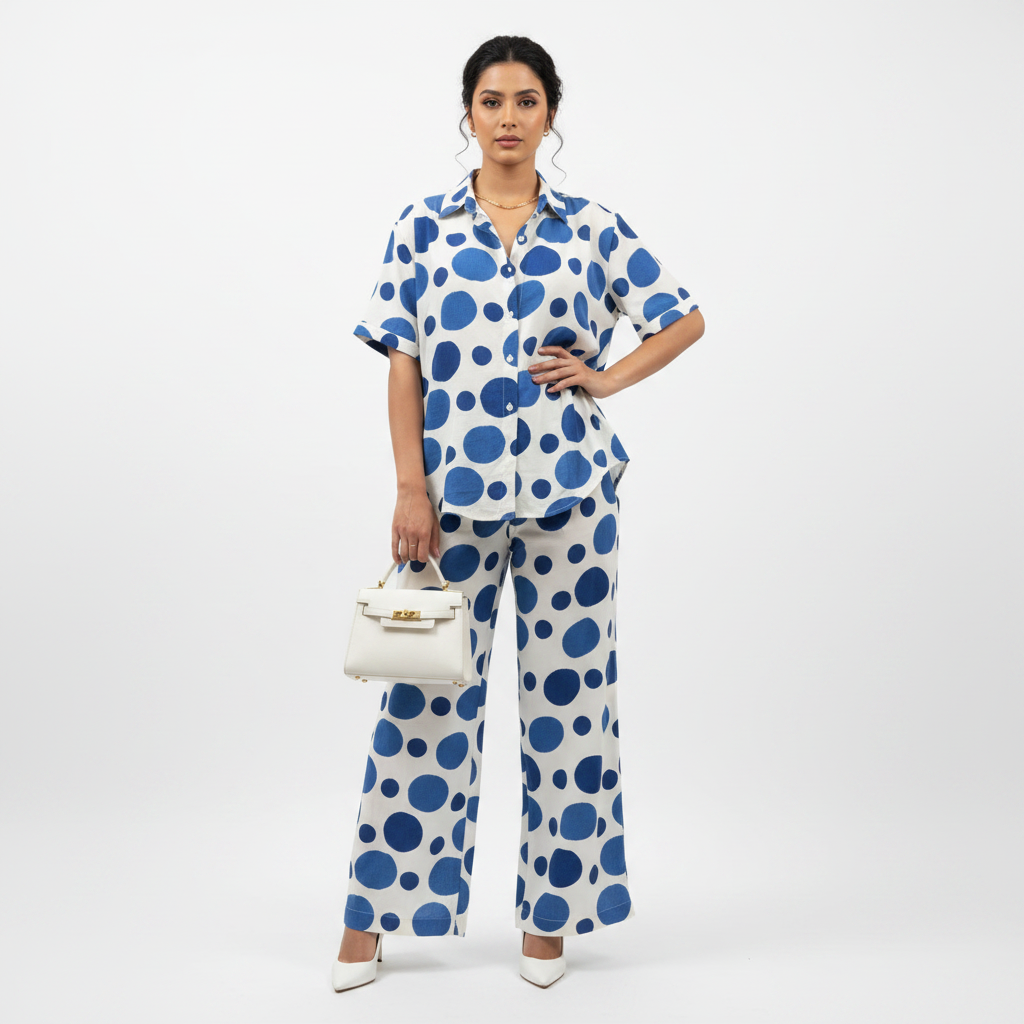Ladies Polka Dot Viscose 2 Piece Co-Ord Set