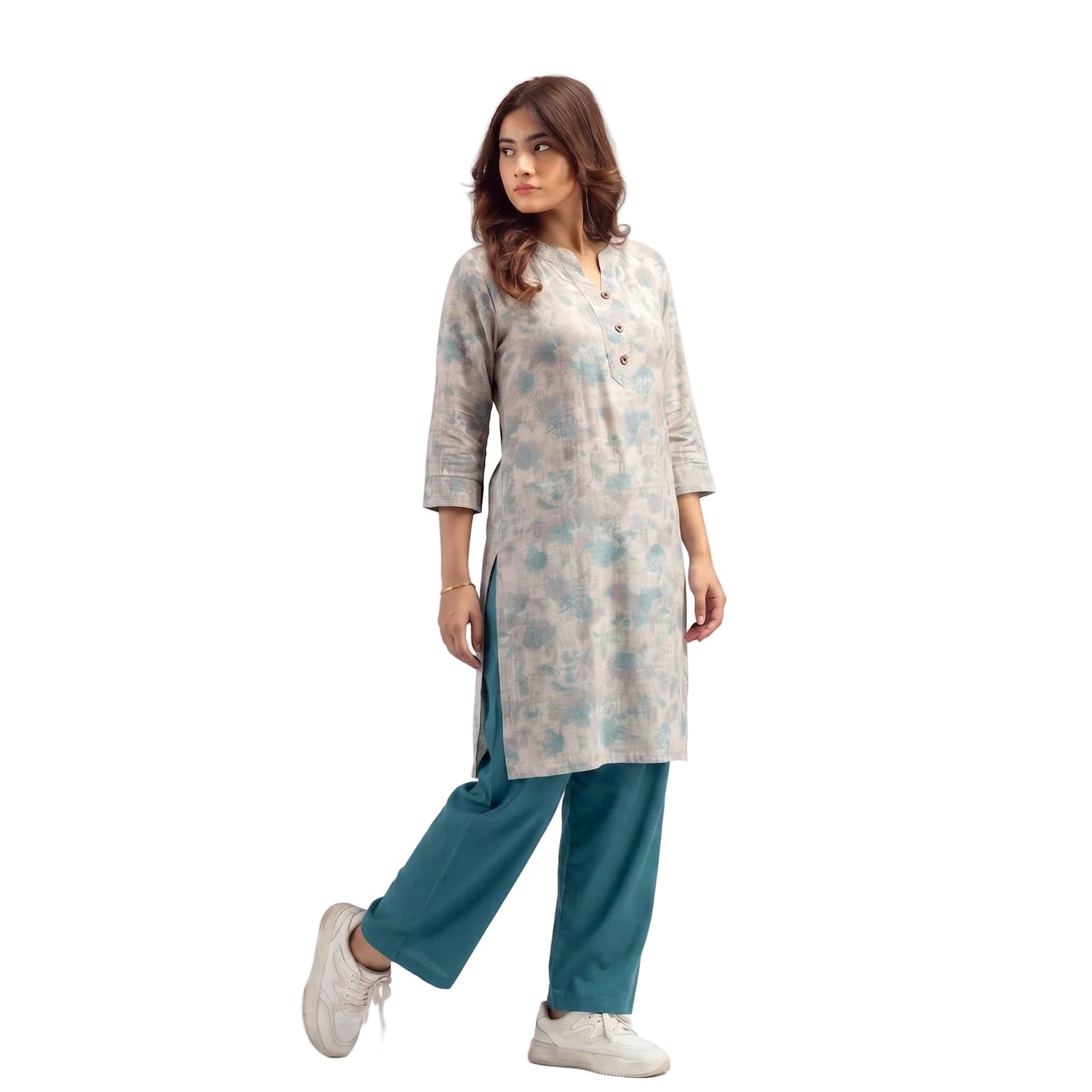 Ladies Printed Two Piece Co-Ord Set – Soft Polyester Tunic & Wide Leg Trouser