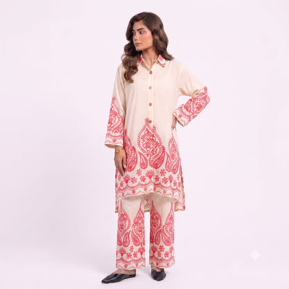 Ladies Embroidered Cotton Linen Two Piece Co-Ord Set