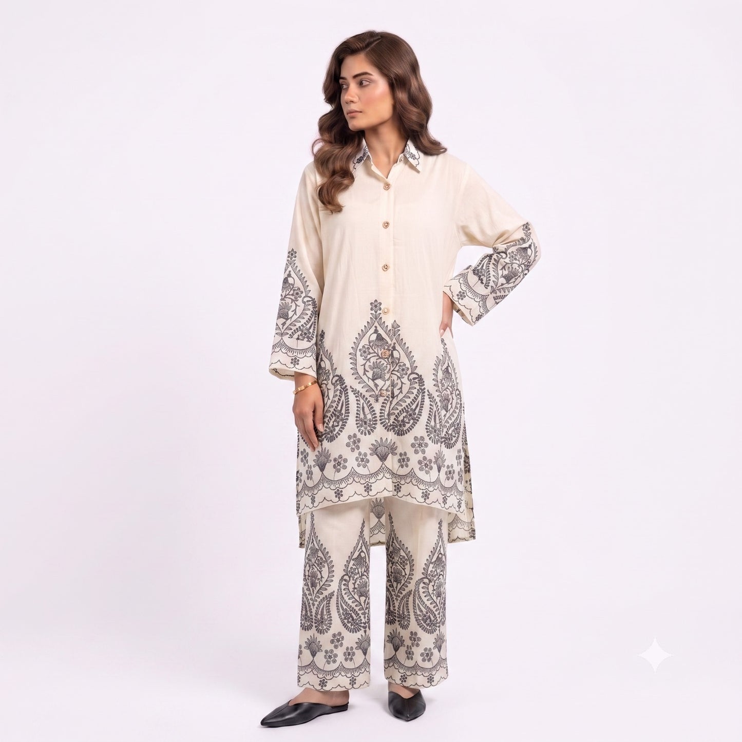 Ladies Embroidered Cotton Linen Two Piece Co-Ord Set