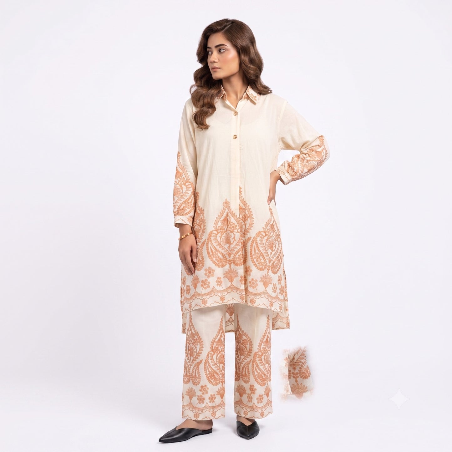 Ladies Embroidered Cotton Linen Two Piece Co-Ord Set