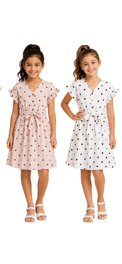 Women's White Polka Dot V-Neck Midi Dress with Waist Tie Belt & Ruffle Sleeves