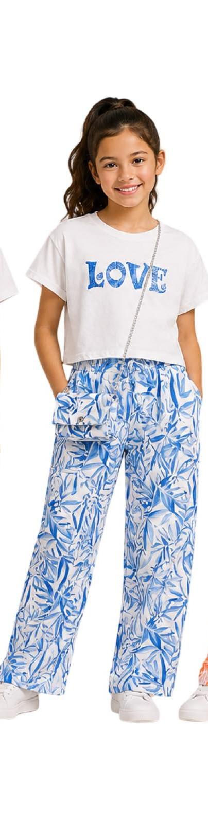 Girls 2-Piece Summer Outfit Set – White “LOVE” Crop T-Shirt, Blue Tropical Print Shorts & Matching Crossbody Bag