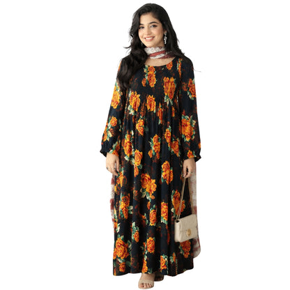 Women's Smocked Long Sleeve Dress with Botanical Print