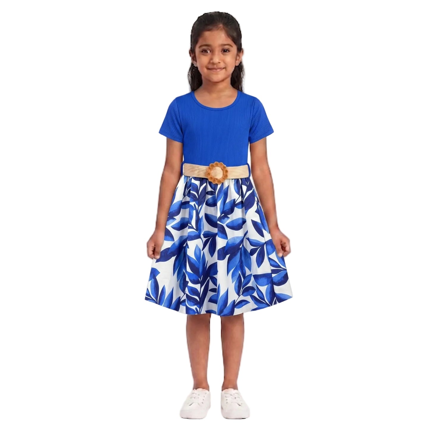 Girls Floral Print Belted Dress | Short Sleeve Party Dress
