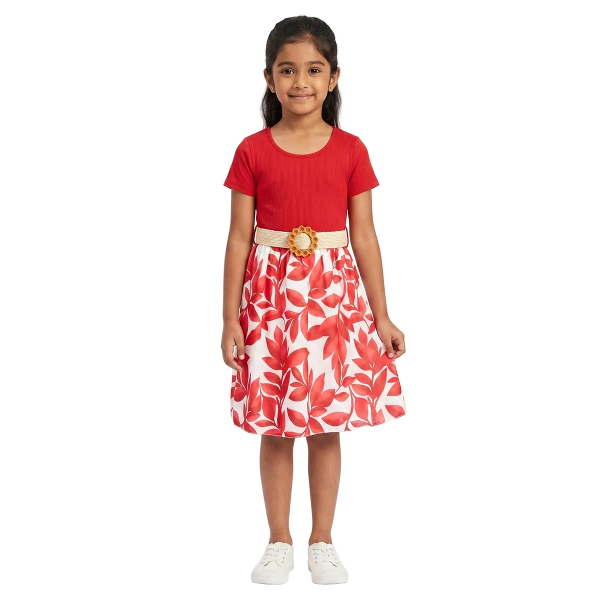 Girls Floral Print Belted Dress | Short Sleeve Party Dress