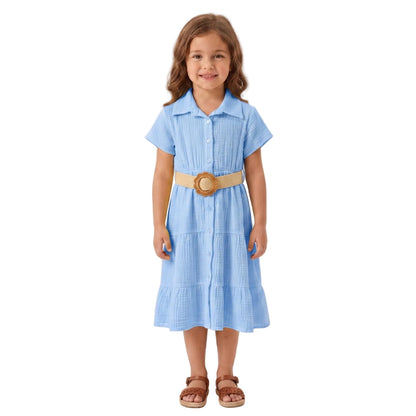 Girls Cotton Belted Shirt Dress | Short Sleeve Summer Dress