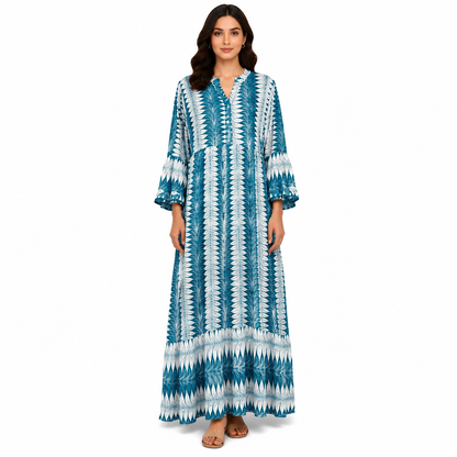 Women's Boho Long Sleeve Henley Neck Tiered Maxi Dress