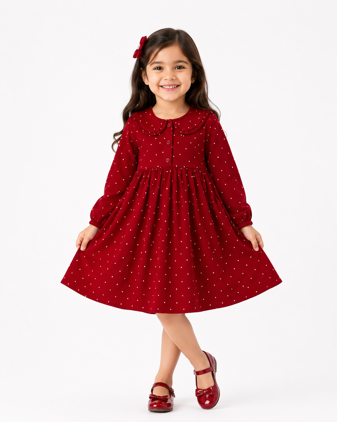 Girls Long Sleeved Dress - Red Twill (3-8y) H53598