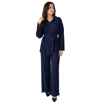 Women's Elegant Pleated Co-Ord Set | Belted Casual Outfit