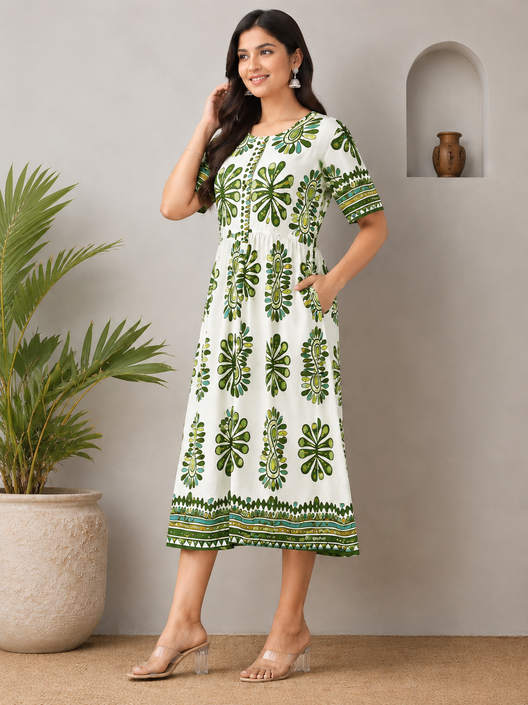 Women's  Floral Printed Midi Dress – Elegant Casual Summer Wear