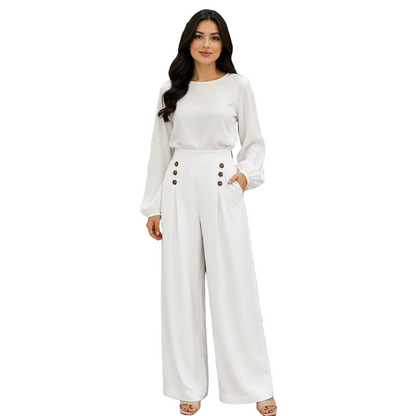 Women's High-Waist Wide Leg Trousers with Button Detail