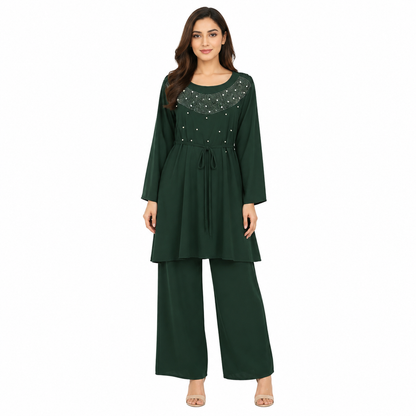 Women's Pearl Embellished Tie-Waist Co-Ord Set | Elegant Outfit