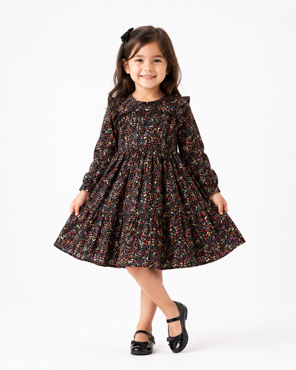Girls Long Sleeved Dress - Navy Floral  (3-8y)  H53594