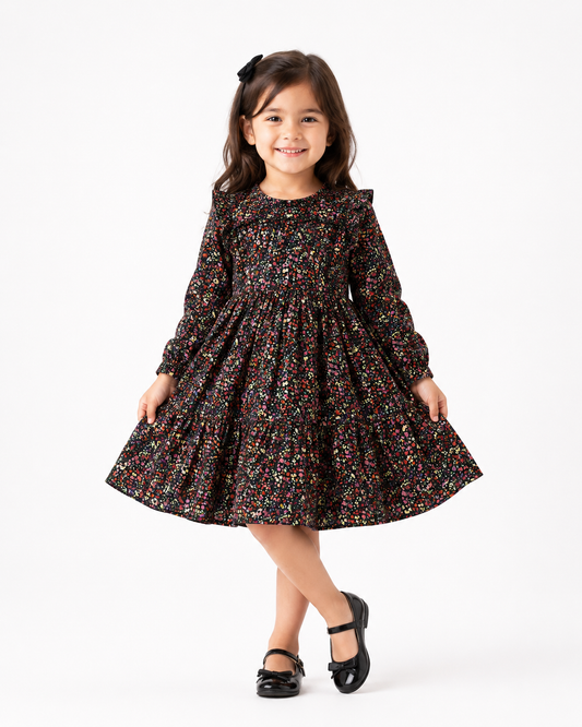 Girls Long Sleeved Dress - Navy Floral  (3-8y)  H53594
