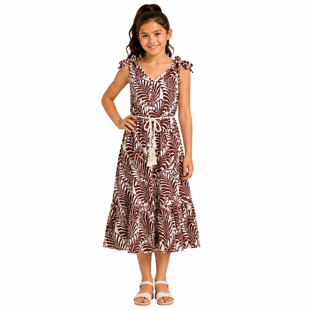 Girls Tropical Leaf Print Sleeveless Midi Dress with Tassel Belt