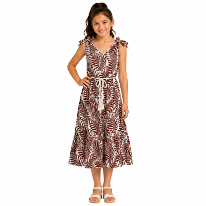 Girls Tropical Leaf Print Sleeveless Midi Dress with Tassel Belt