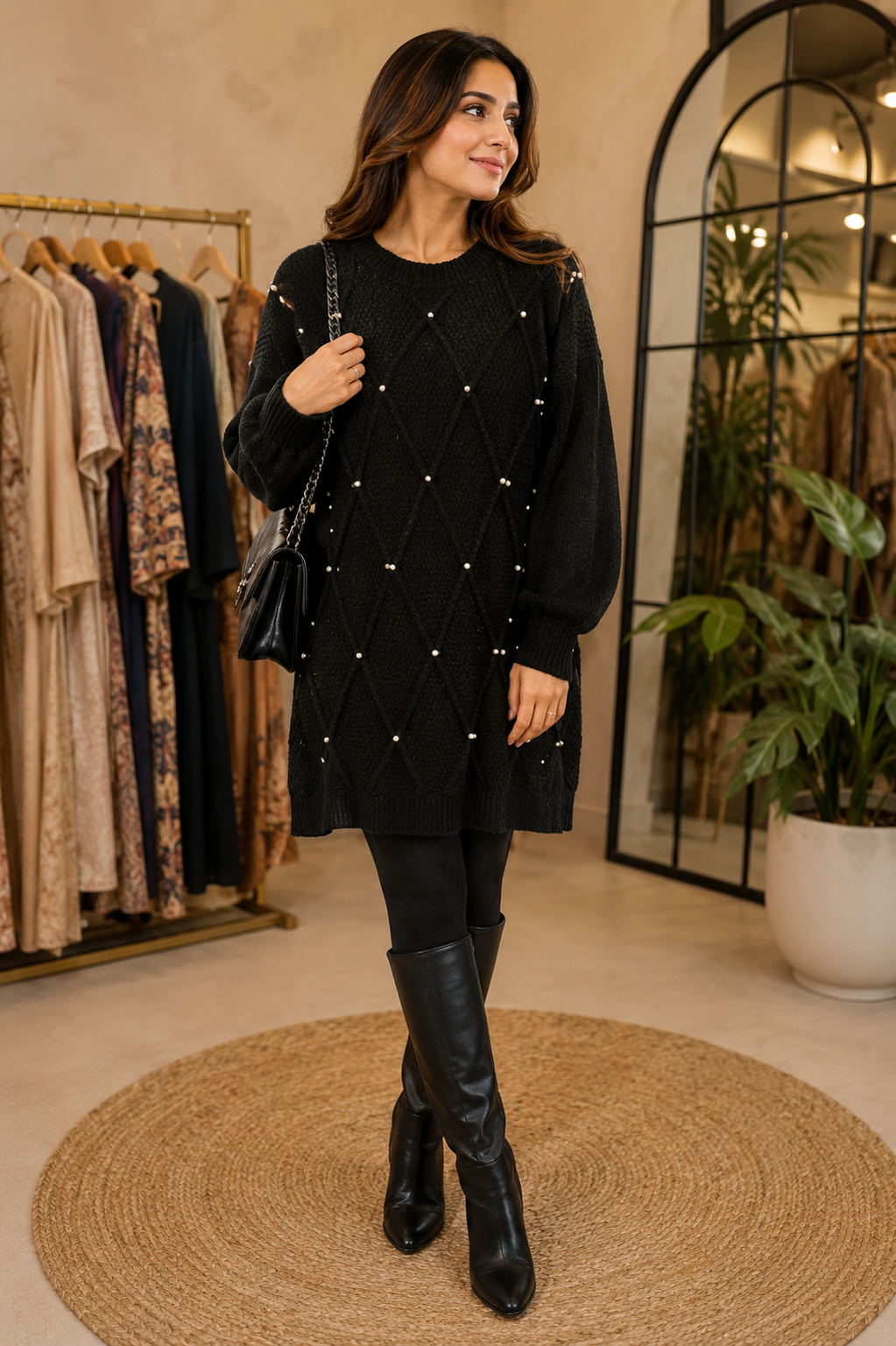Pearl Embellished Oversized Knit Sweater Dress