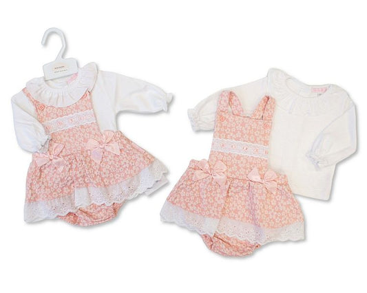 Baby Girls 2 pcs Dungaree Set with Lace and Bows - Flowers (NB-6m) (PK6)  BIS-2020-2629