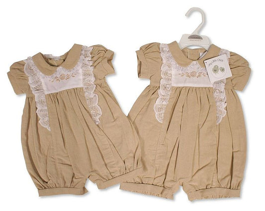 Baby Girls Linen Romper with Lace and Embroidery (NB-6m) (PK6) BIS-2120-6252