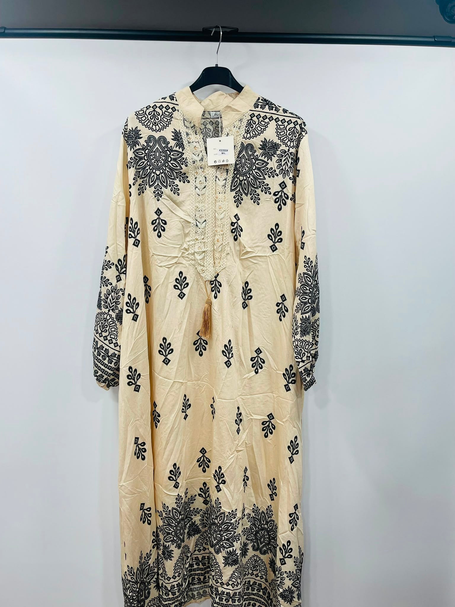 Boho Paisley Motif Long-Sleeve Kaftan Gown - MANSURI FASHIONS