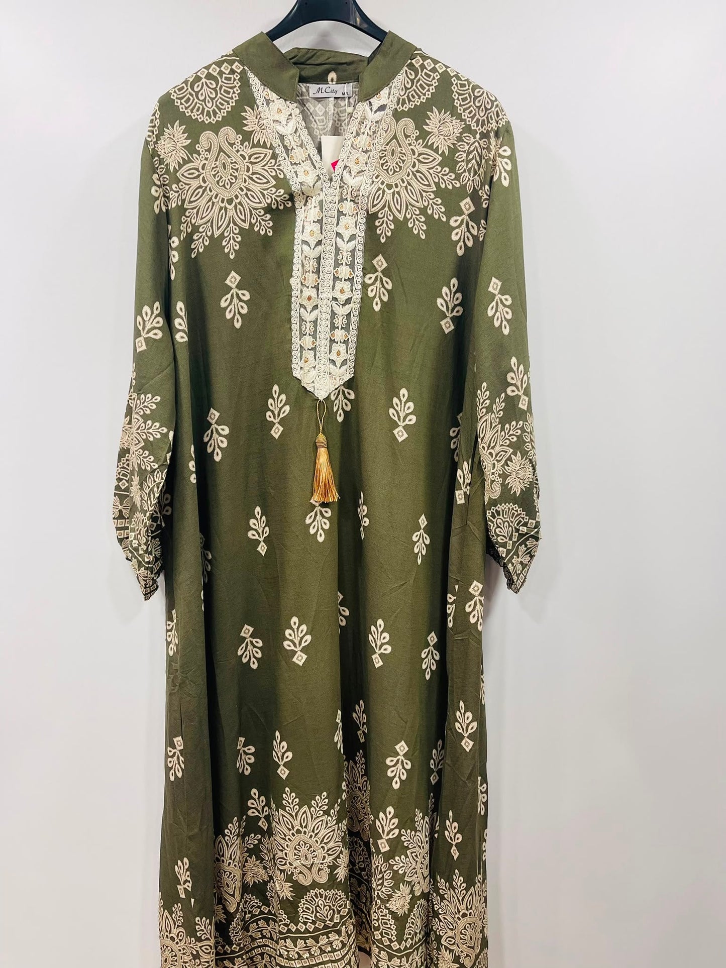 Boho Paisley Motif Long-Sleeve Kaftan Gown - MANSURI FASHIONS