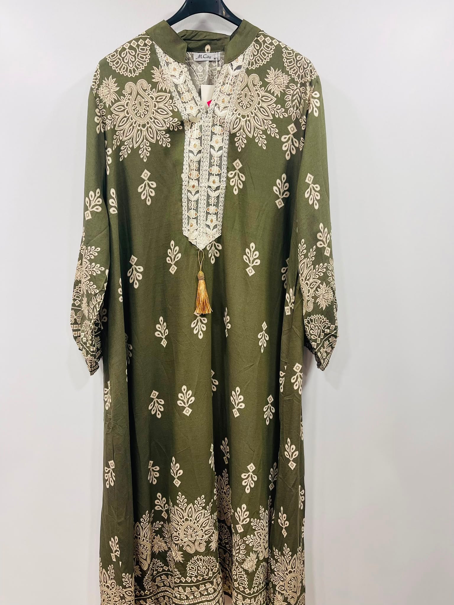 Boho Paisley Motif Long-Sleeve Kaftan Gown - MANSURI FASHIONS