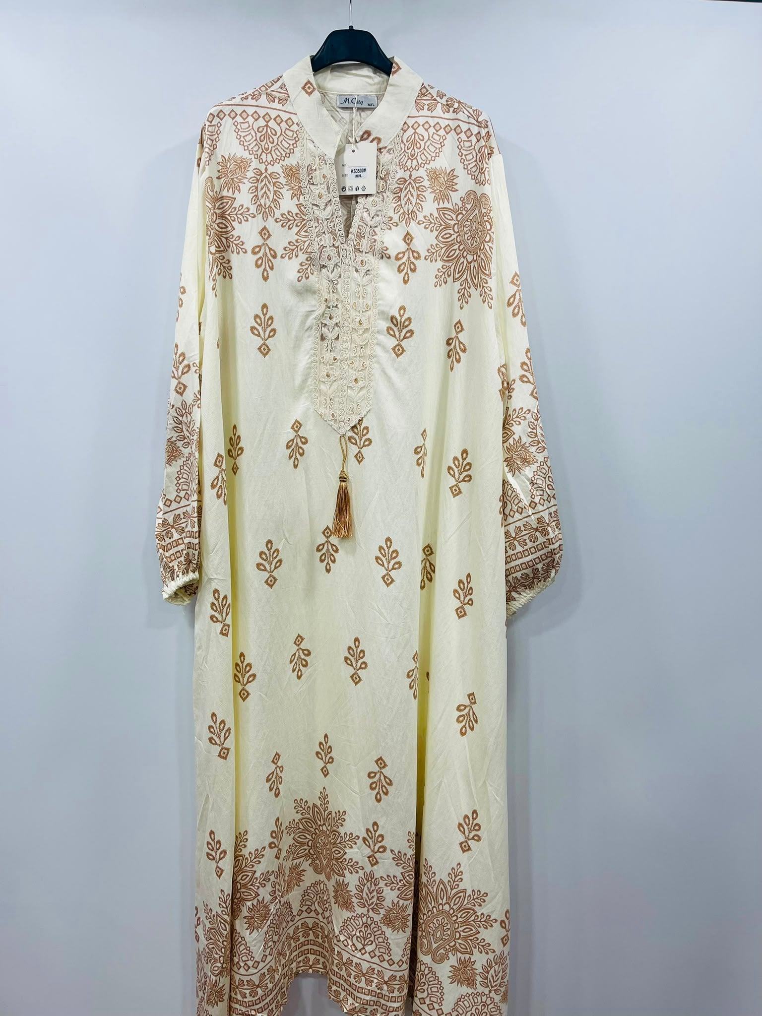 Boho Paisley Motif Long-Sleeve Kaftan Gown - MANSURI FASHIONS