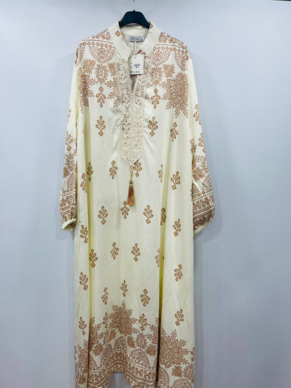 Boho Paisley Motif Long-Sleeve Kaftan Gown - MANSURI FASHIONS