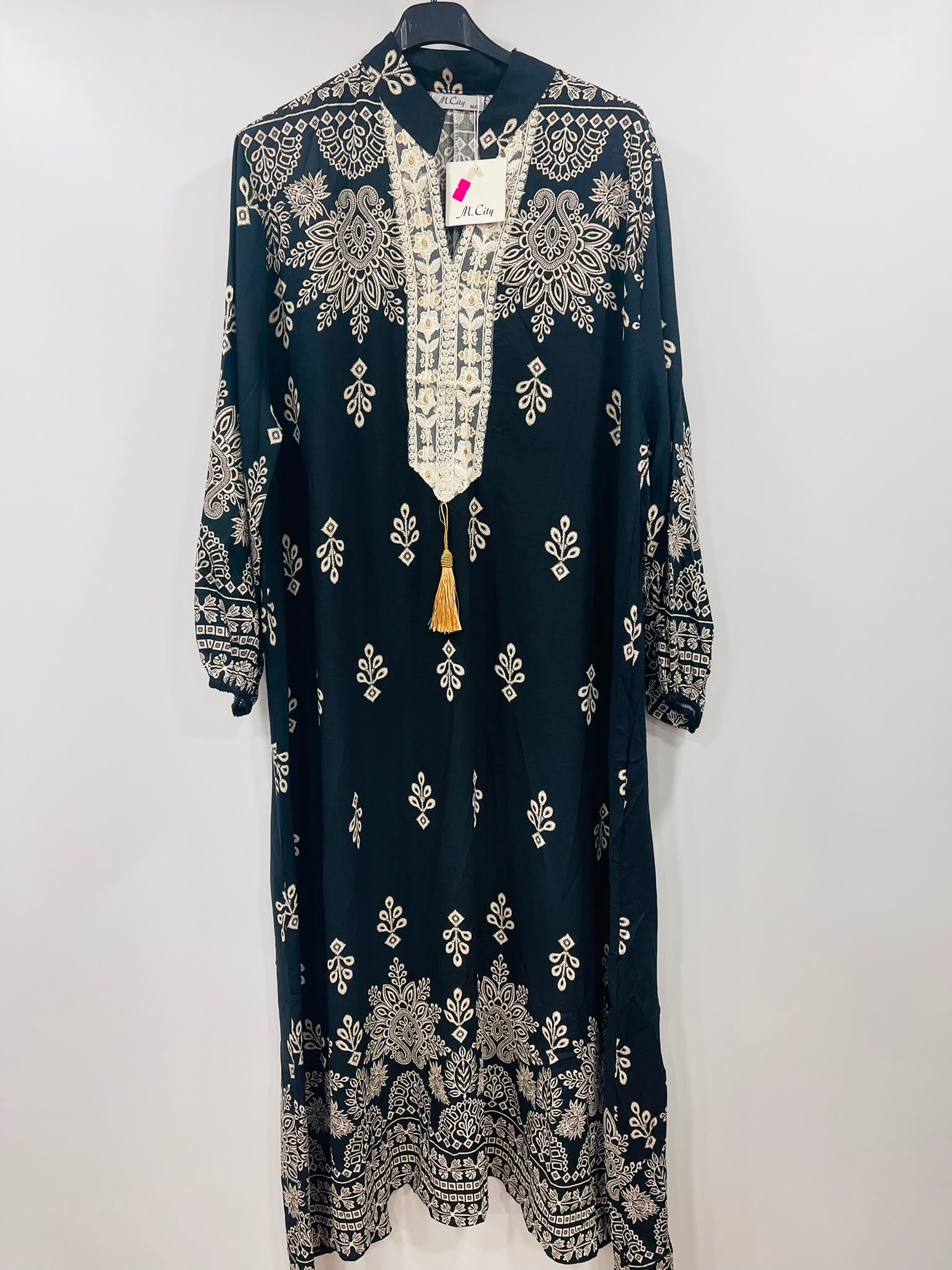 Boho Paisley Motif Long-Sleeve Kaftan Gown - MANSURI FASHIONS