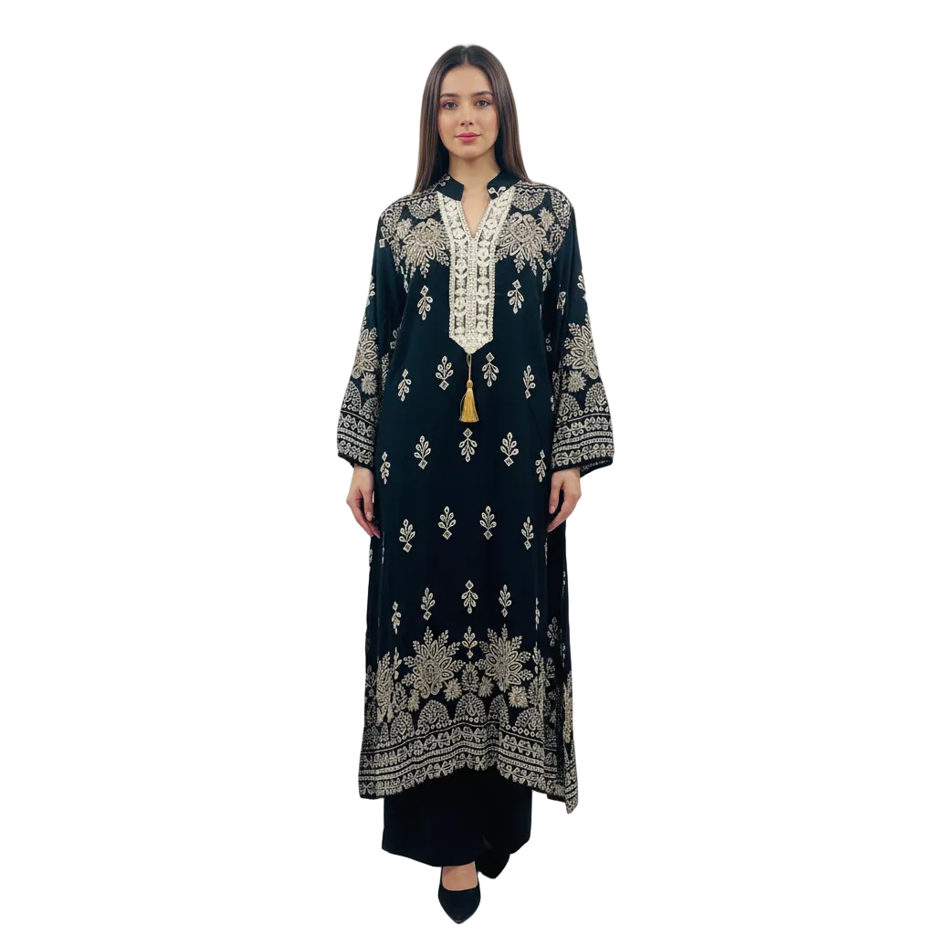 Boho Paisley Motif Long-Sleeve Kaftan Gown