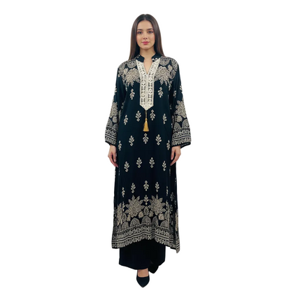 Boho Paisley Motif Long-Sleeve Kaftan Gown