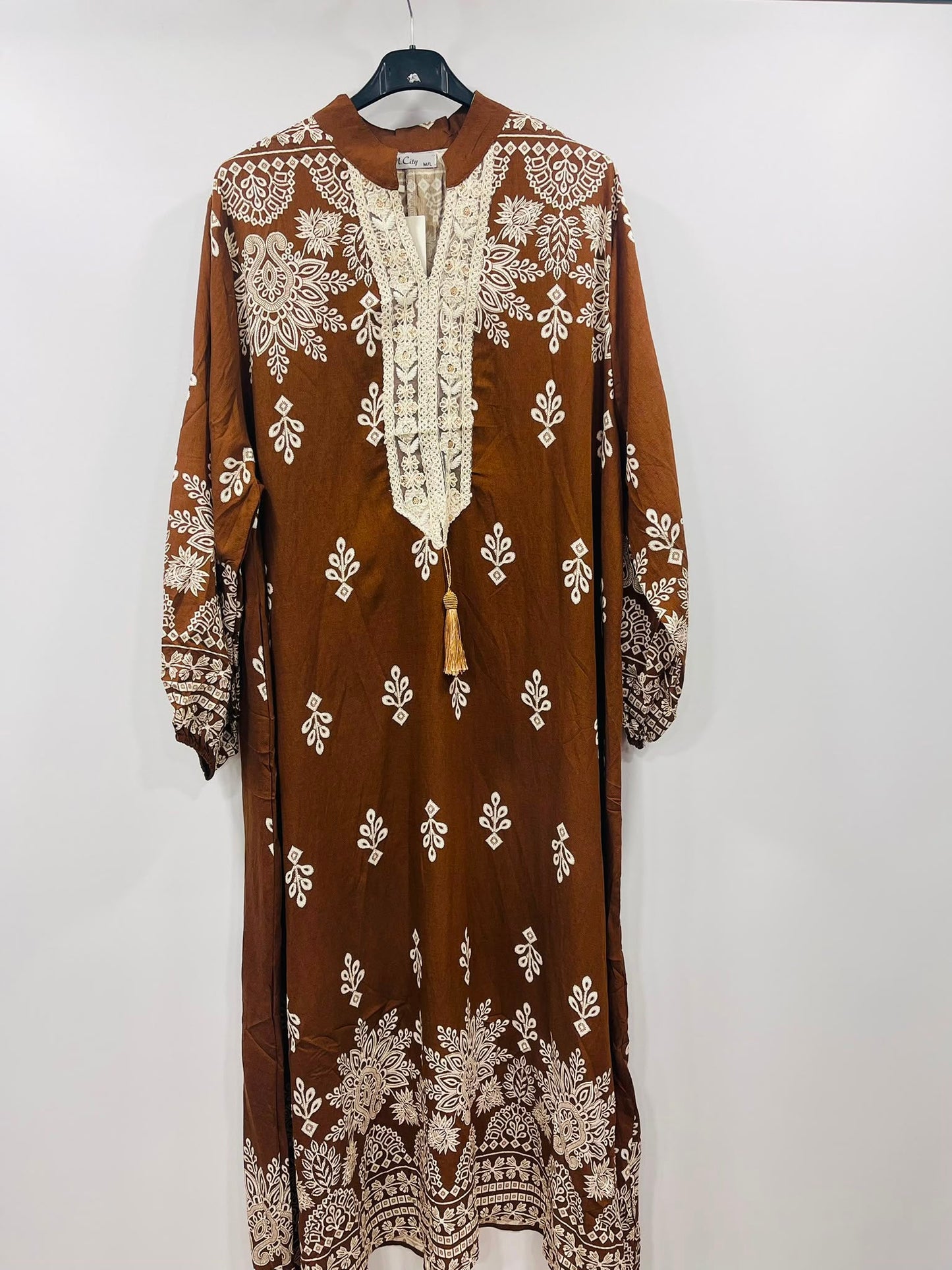 Boho Paisley Motif Long-Sleeve Kaftan Gown - MANSURI FASHIONS
