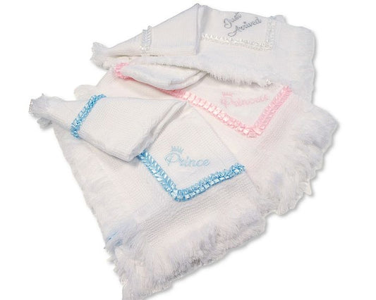 Adorable baby shawl featuring Prince and Princess & Just Arrived embroidery with delicate lace detailing.