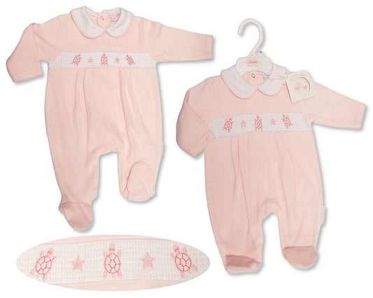 Baby Girls Velour All in One with Smocking - Tortoise (NB-6m) (PK6) BW-13-408