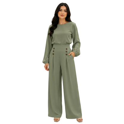 Women's High-Waist Wide Leg Trousers with Button Detail